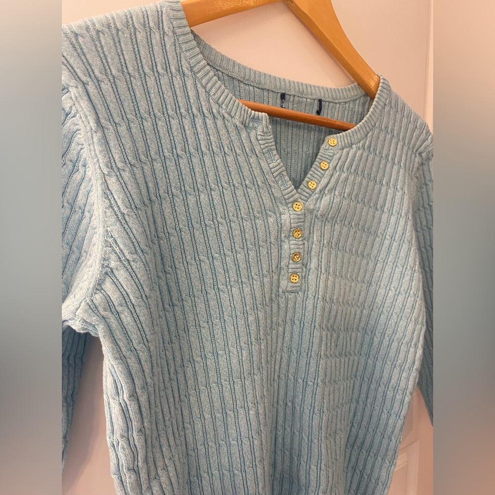 Women’s Aqua Blue Cable Knit Henley Sweater Coastal Grandma Spring Pullover M - Picture 3 of 7